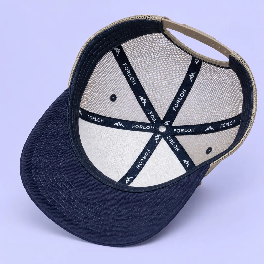 Interior View of Trucker Cap Showing Printed Seam Taping, Breathable Mesh, and Snapback Closure
