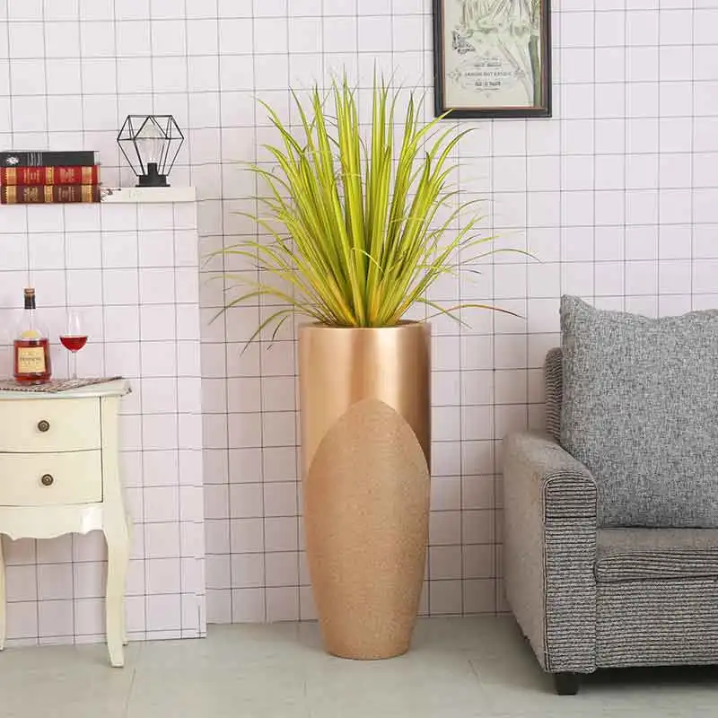 

European style golden luxury simple round simulation flower floor vase FRP fiber frosted home decoration living room hotel Vase