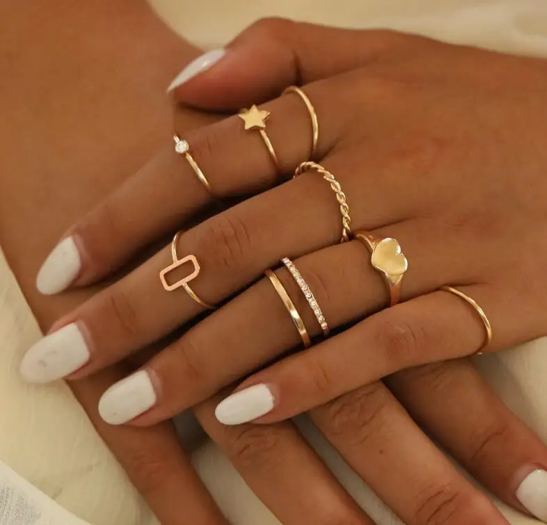 

Fashion retro Geometric diamond heart stars woven finger Rings set for Women, Gold