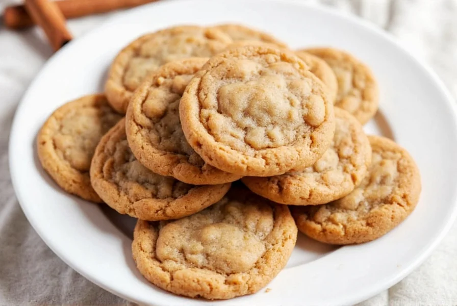 Close-up of golden brown cinnamon cookies with visible cinnamon sugar coating on baking sheet