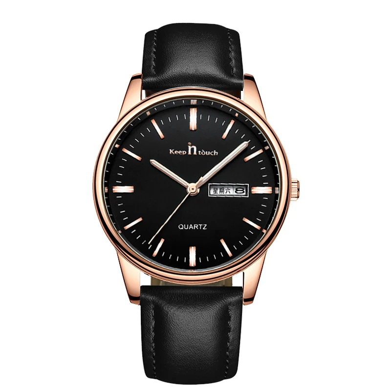 

Waterproof calendar casual men's wristwatch alloy case rose gold black leather business quartz waterproof watch for men