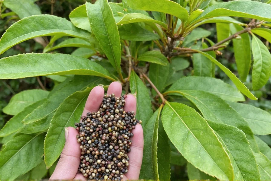 Piper nigrum vine growing in Kerala, India with clusters of peppercorns