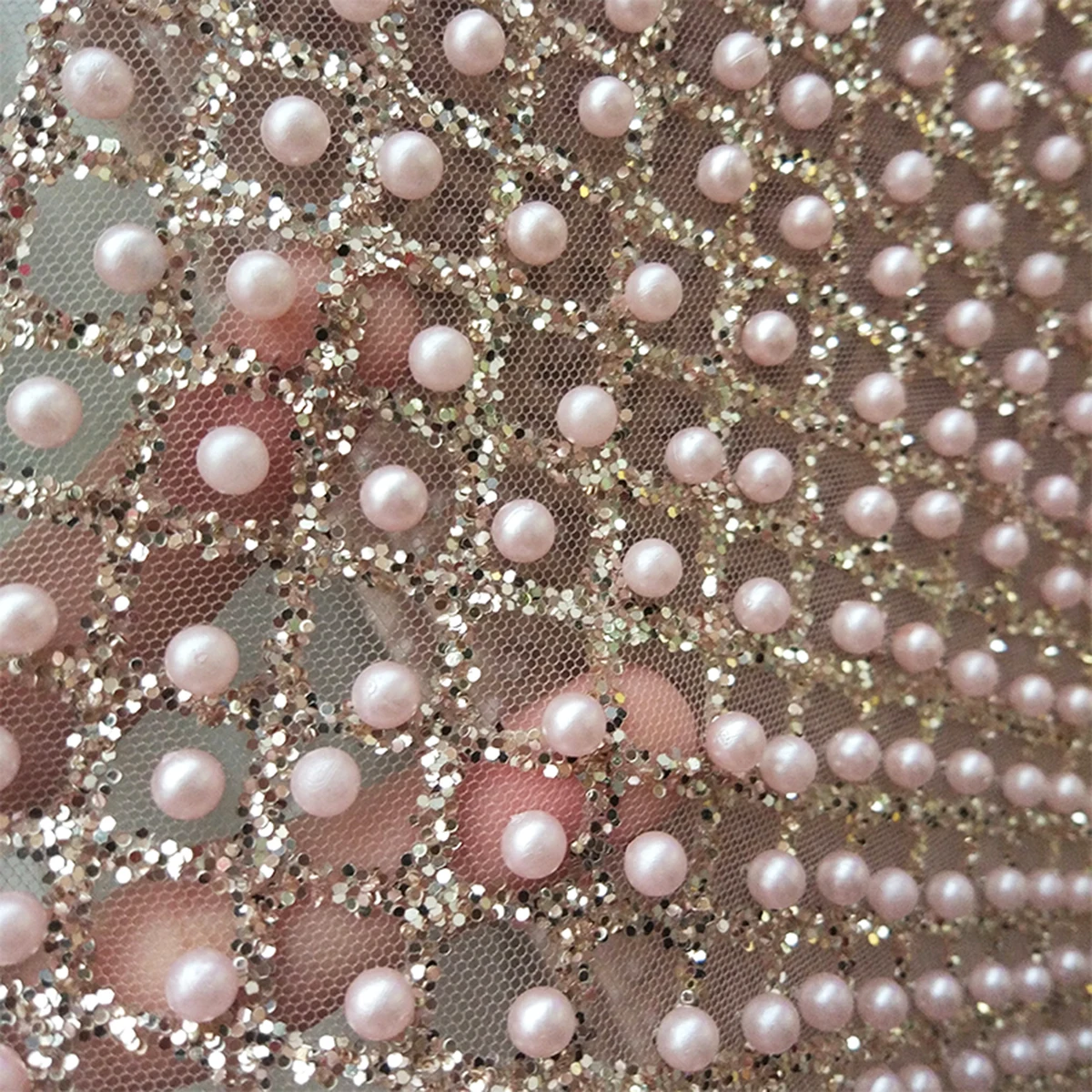 

Bridal Luxury Sequined Dubai Net Wedding Dress Pearls Sequin French For Pink Mesh Heavy Tulle Beaded Lace Fabric Wholesale Price, Rose gold, pink, customize