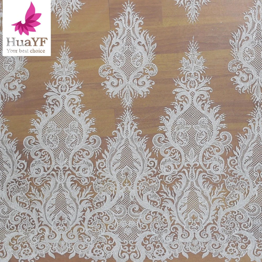 

Exclusive french pure white 3d heavy beaded lace with sequins embroidery floral wedding bridal lace dress fabric HY1333-4, As picture