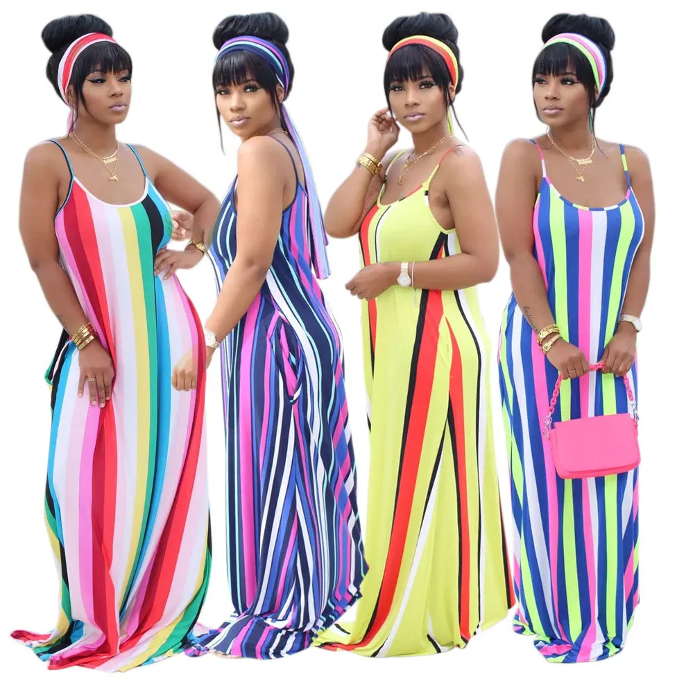

20530-MX11 loose long spaghetti strap colorful striped dress women sehe fashion