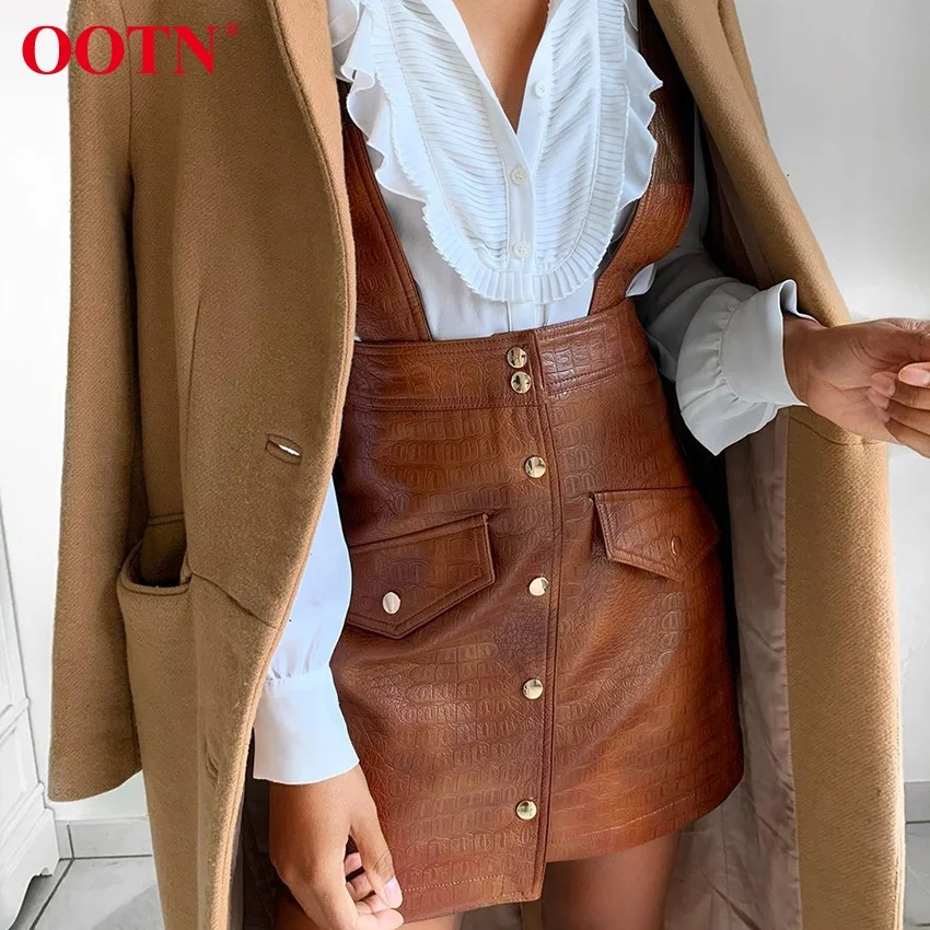 

OOTN Decorate Pockets A Line Female Casual Fashion Basic Straps Skirts Mujer Women Dress Stylish PU Leather Mini Skirt