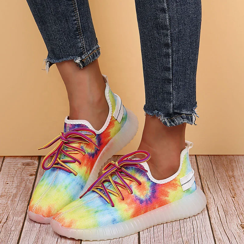 

Colorful Tie-dye Girl's Fashion Sneakers Fancy Shoes Light Wight Soft Sole Casual Sports Shoes Lace up Running Shoes Size 43, Yellow pink