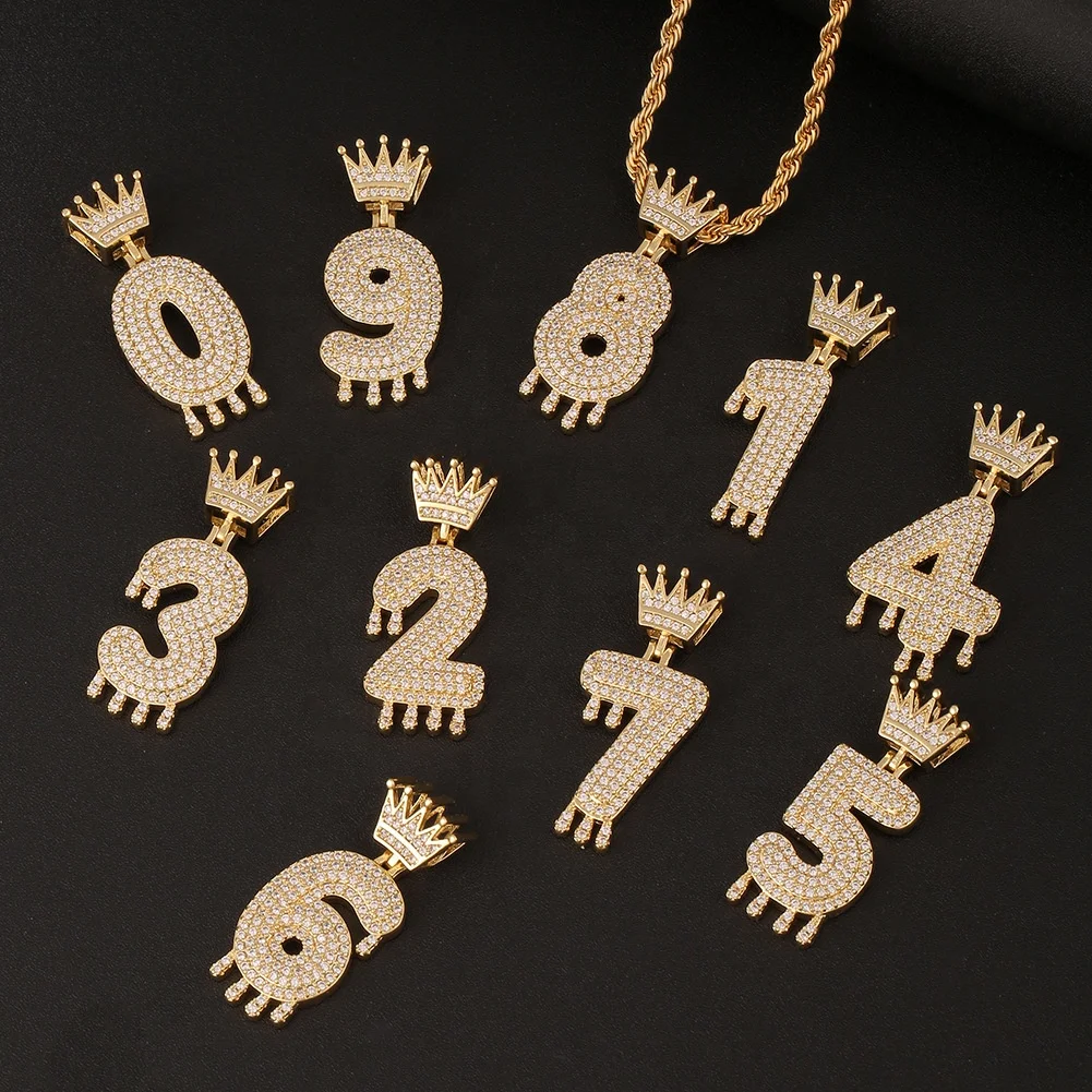 

Hip Hop Rapper Jewelry Bling Iced Out Cubic Zircon Crown Drips Arabic Number Pendant Necklace Simple Gold Plated Twist Necklace