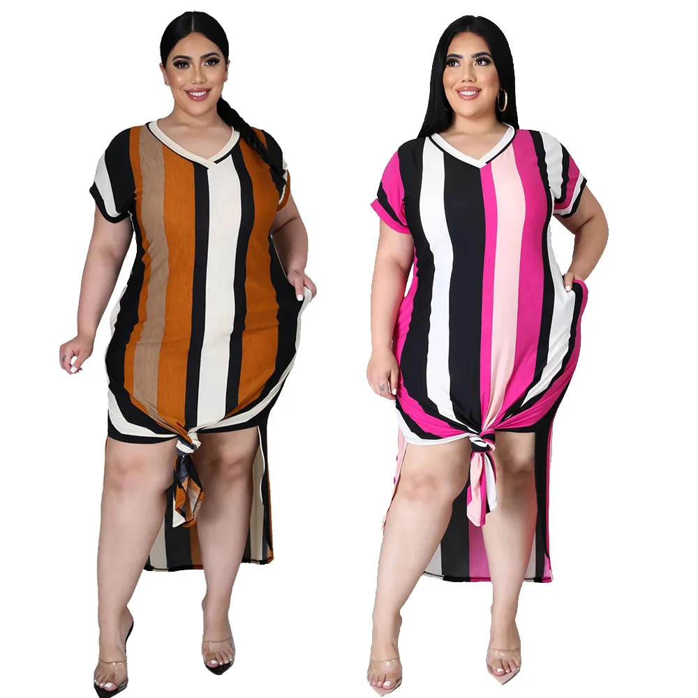 

PP063 Hot sell short sleeve casual dresses women stiped print plus size dress & skirts split skirt fashionable clothes dresses