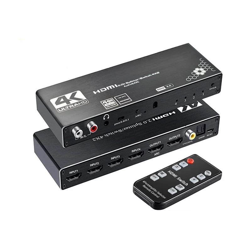 

JustLink 4K 4x2 HDMI Switcher Splitter 4 Input 2 Output Switch with ARC R/L 3.5mm Aux Coaxial SPDIF Audio Extractor