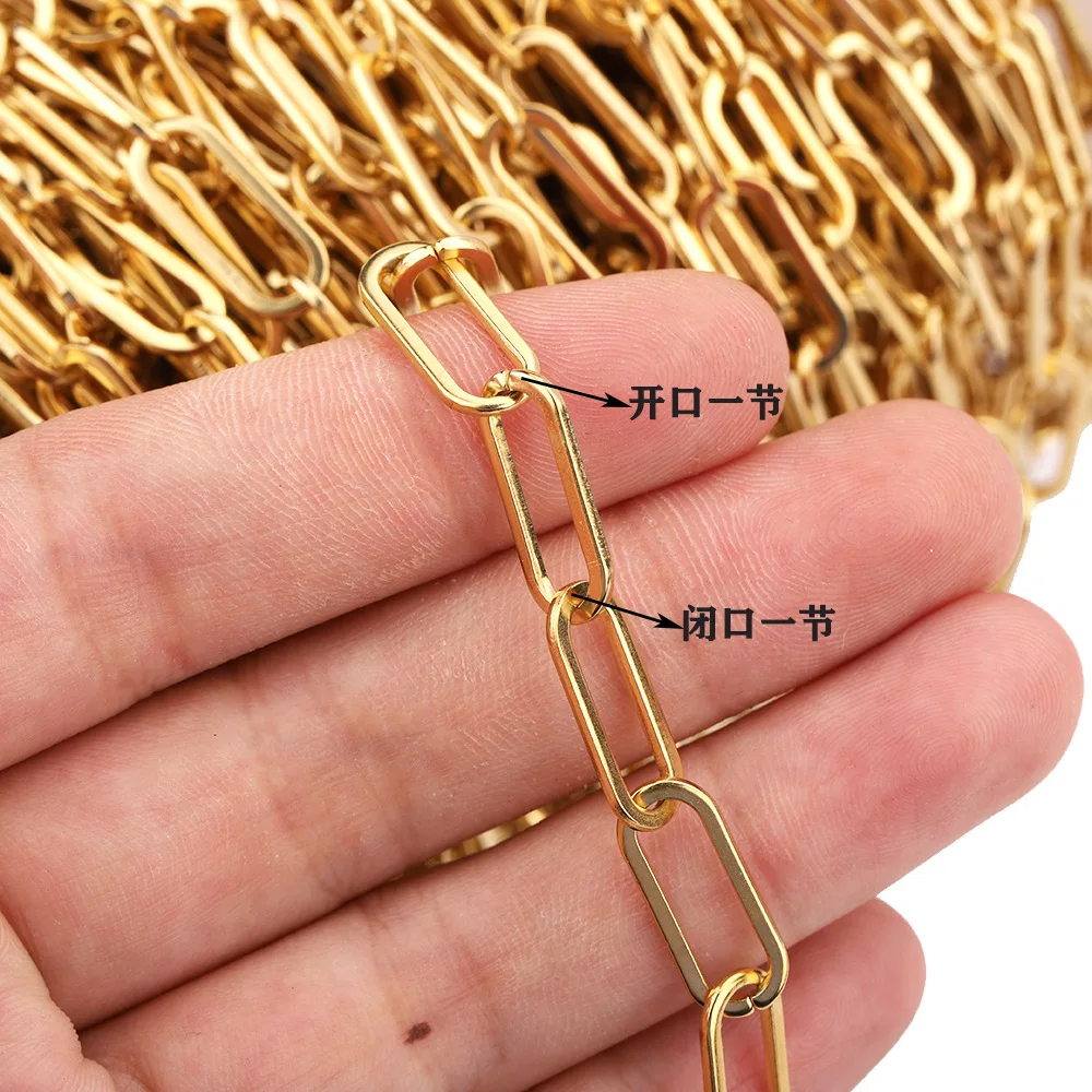 

DIY jewelry making component chain long oval flat cable chain 6.5mm wide stainless steel gold paperclip chain