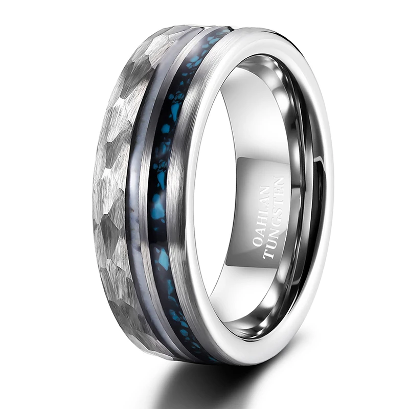 OAHLAN Fashion Male Jewelry 8mm Antler Ring Crushed Turquoise Metal Inlay Hammered Silver Tungsten Carbide Rings for Men