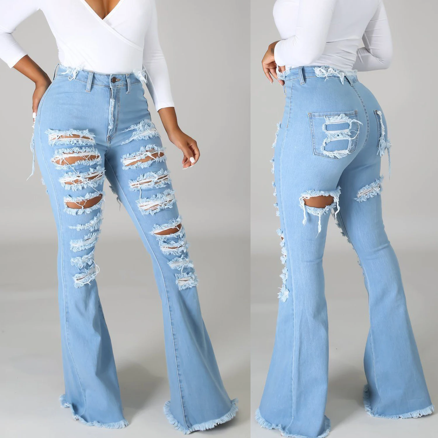 

fashion flare trend bell bottom distressed summer denim ripped jeans womens, Black, light blue, dark blue