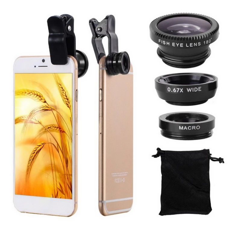 

High Quality 3 in 1 Mini Dual Selfie Wide Angle Fish Eye Zoom Lenses Macro Mobile Camera Lens for Cell Phone, Black / silver / red / gold / blue