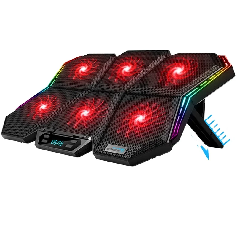 

New Arrival Mute 6 Fans Gaming Laptop Cooler Rgb Laptop Cooling Base Lcd Screen Hollowed-Out 2 Usb Laptop Cooling Pad Fan, Red and black