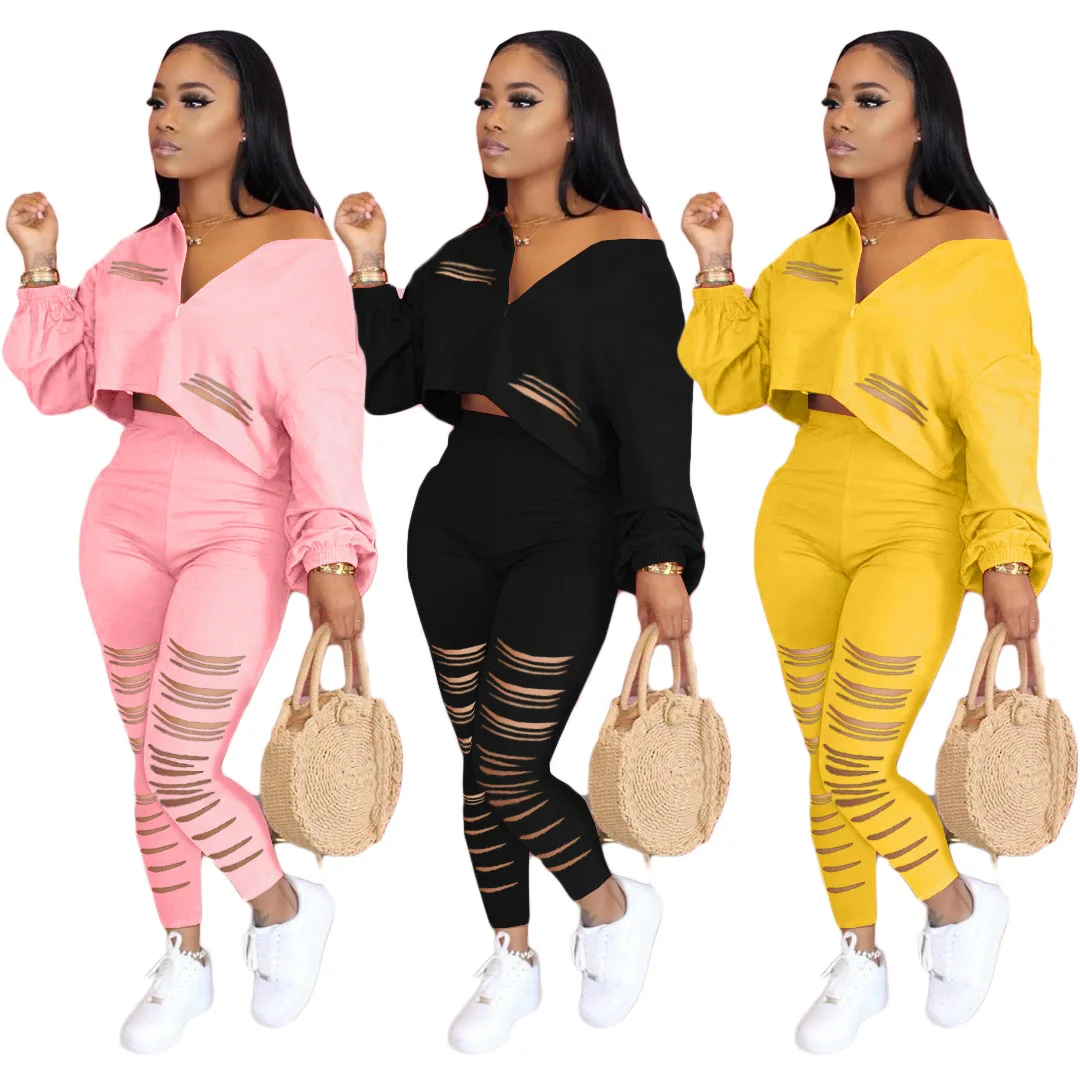 

10806-MX14 solid color deep vneck hollow out zipper pants women two piece set clothing sehe fashion