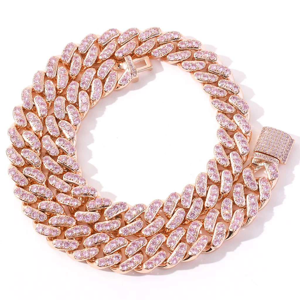 

Iced Out 12mm Pink CZ Cuban Link Chain Personalized Lock Clasp Miami Cuban Choker Necklace, Picture