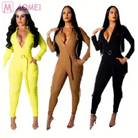 

A4014 2019 casual pockets zipper belt solid color Sexy Rompers Womens Jumpsuit