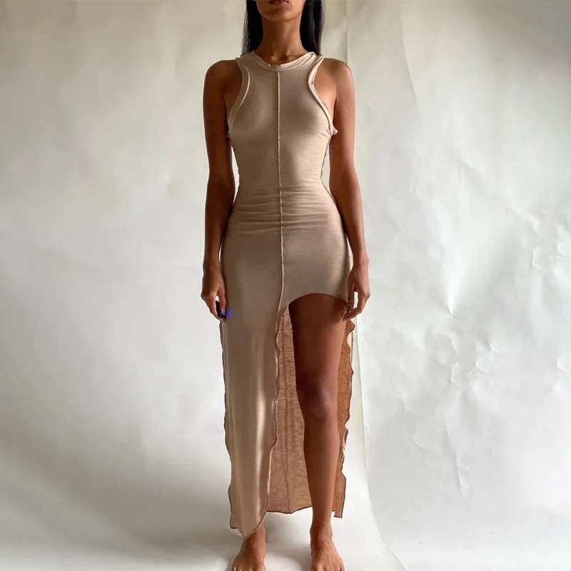 

2021 New Arrivals Spring Summer Women Sleeveless Irregular Knitted Long Split Dress