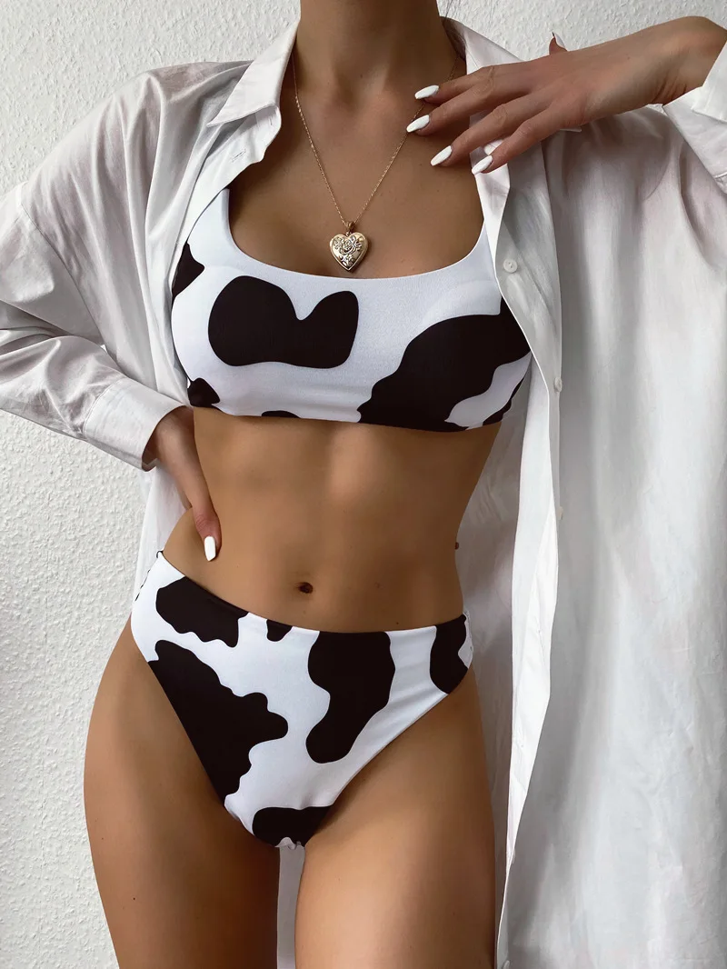 Newest Sexy  Split Swimsuit Cow Print Bikini  High Waist Beach Swimwear