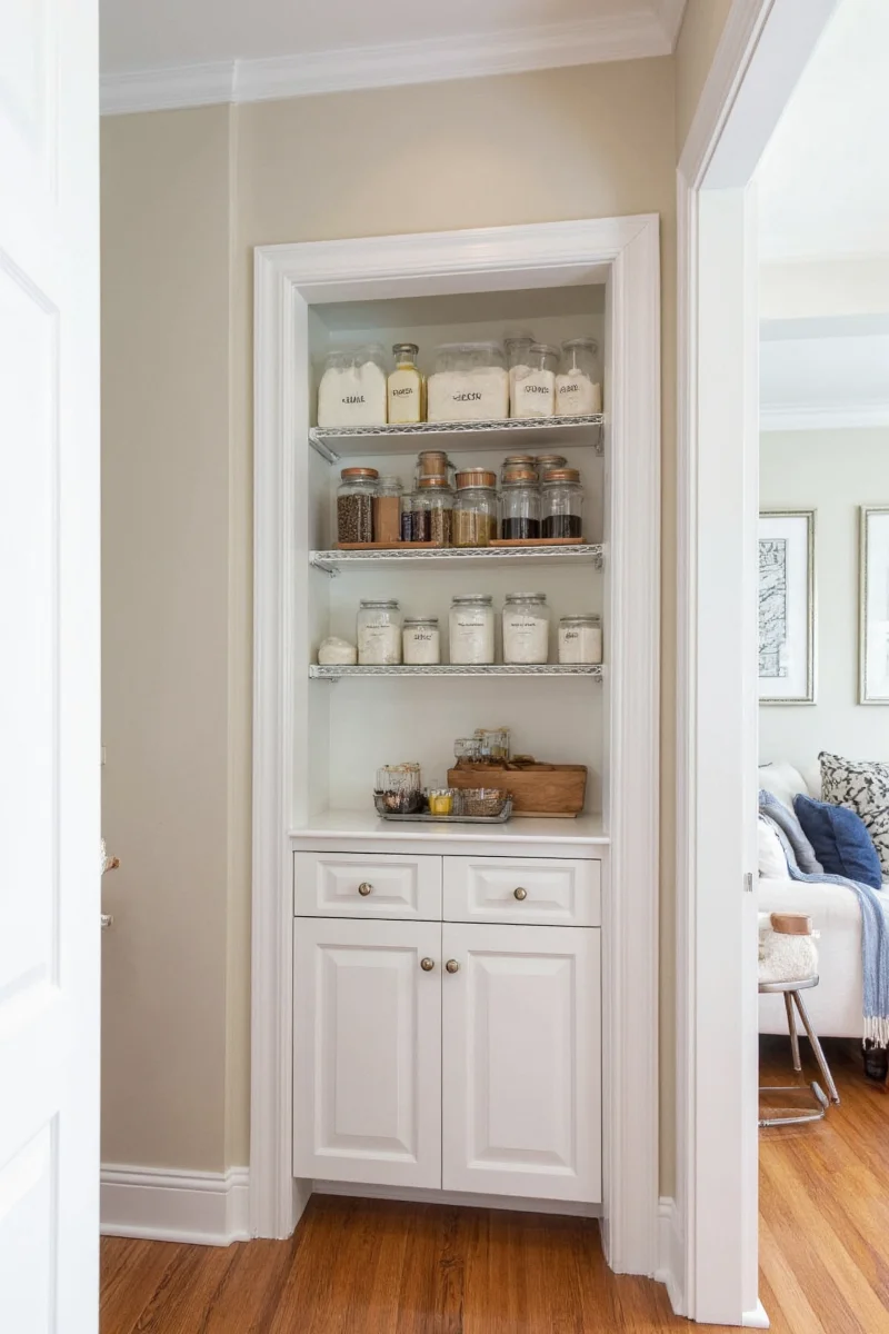 Before and after small pantry transformation