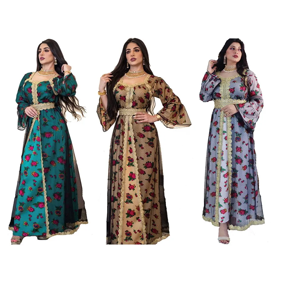 

Foma AB026 drop shipping fashionable mesh floral lace islamic women clothing dresses embroidered abaya maxi dress, 3 colors