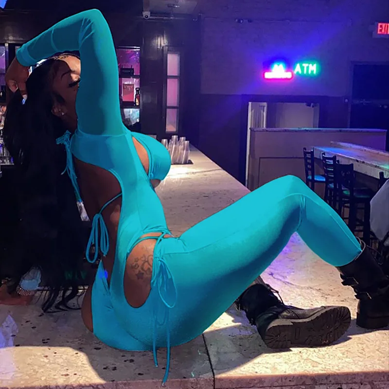 

Women Clothing Bandage Hollow Out Long Sleeve Skinny Rompers 2 Pieces Set Jumpsuit Clubwear Autumn Jumpsuit And Corset, Picture