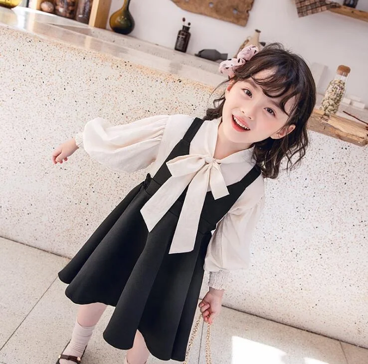 

Classy Style Latest Arrival Long Sleeve Bowknot Solid Color 2 Piece Suspender Kids Princess Dress For Wholesale, Black+white