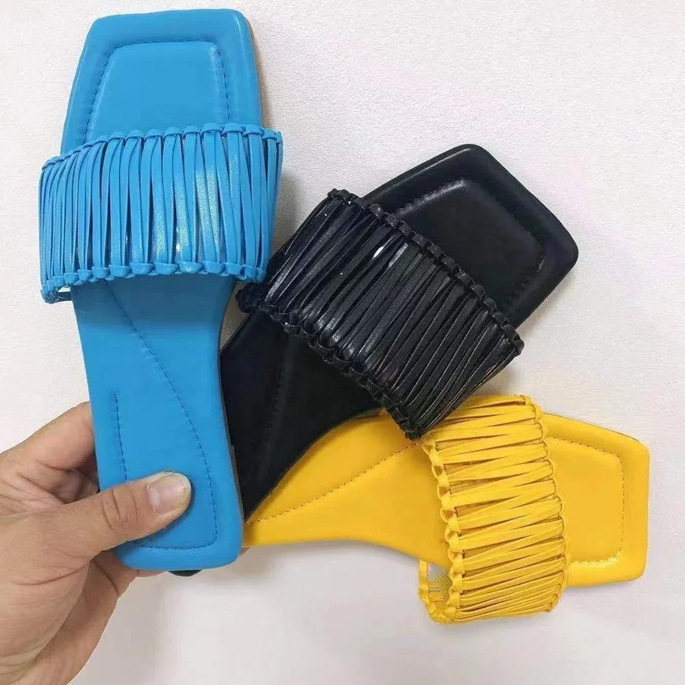 

Low Price Flat Women's Slippers Shoes Open Square Toe Tassels Braid Outdoor Slip On Slides Summer Slippers, Blue yellow black