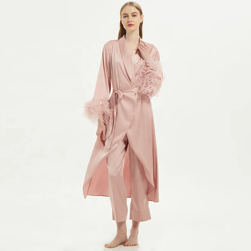 

New Women Robe With Feathers Long Sleeve Silk Pajamas With Feather Pure Pink Color Luxury Bridal And Bridesmaid Party Robes, Pink,purple