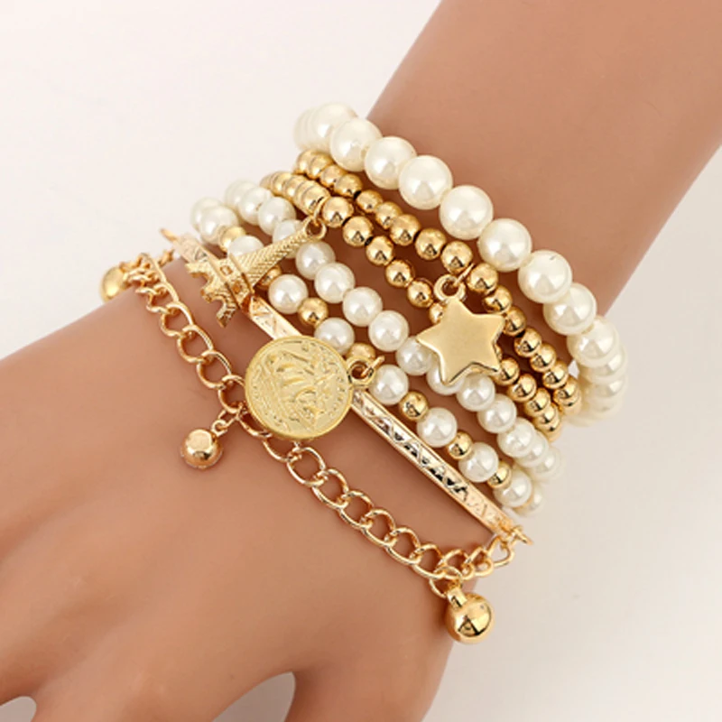 

6pcs/set Fashion Gold Color Faux Pearl Star Multilayer Beaded Bracelets Set for Women Charm Party Jewelry