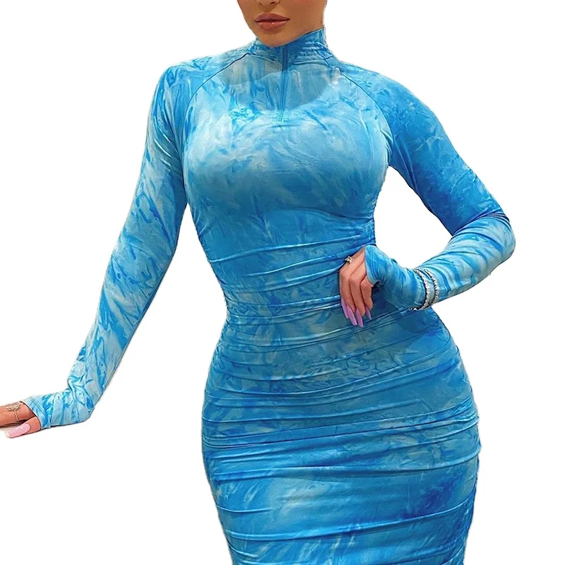 

ED15005 2021 new arrivals bodycon long sleeves dress woman casual high street pleated slim zipper dress, Customized color