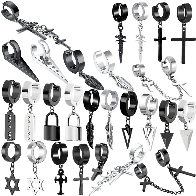 

Hot sale stainless steel black cross chain tassel earrings for men and women, Black color