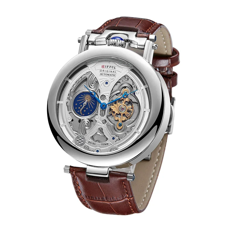 

New Arrival Luxury Automatic Mechanical Watch with Genuine Leather Strap Two-hand Movement Transparent Bottom Caseback