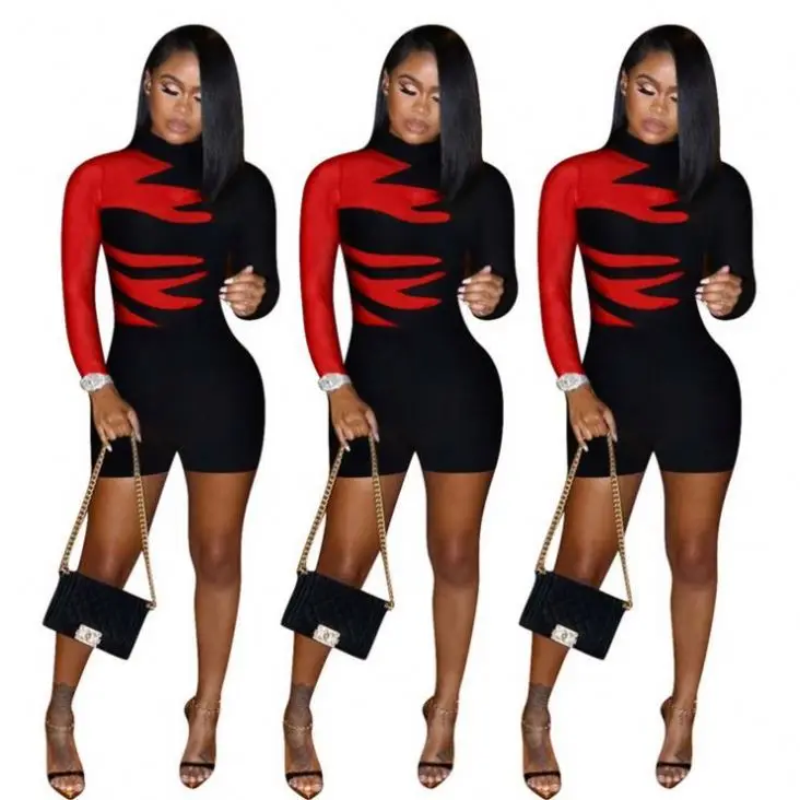 

New Arrival Patchwork Long Sleeve High Neck Women Clothes 2021 Women One Piece Jumpsuits And Rompers