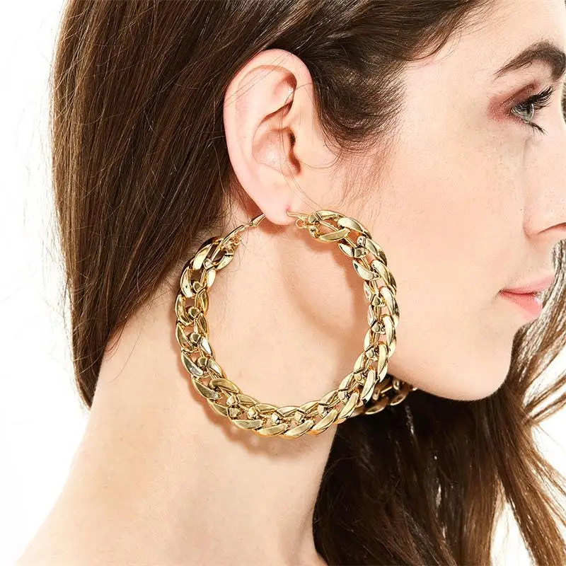 

2020 Korean gold thick chain Earrings Fashion round ring big ear Hoop Earrings female, Gold/silver