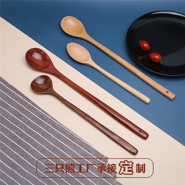 

1 Long Spoon Wooden Korean Style 100% Natural Wooden Long Handle Round Spoon Kitchen accessories, As photo