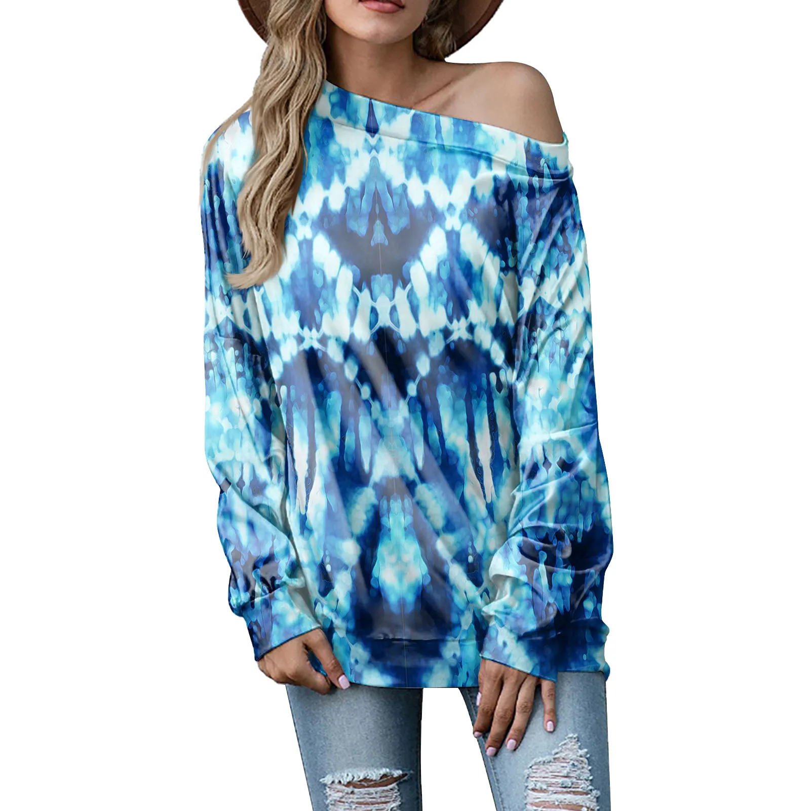 

Women tie die fall clothing blue ocean pink girl tops full sleeve oversized 4xl good oem color block blus wanita 2021