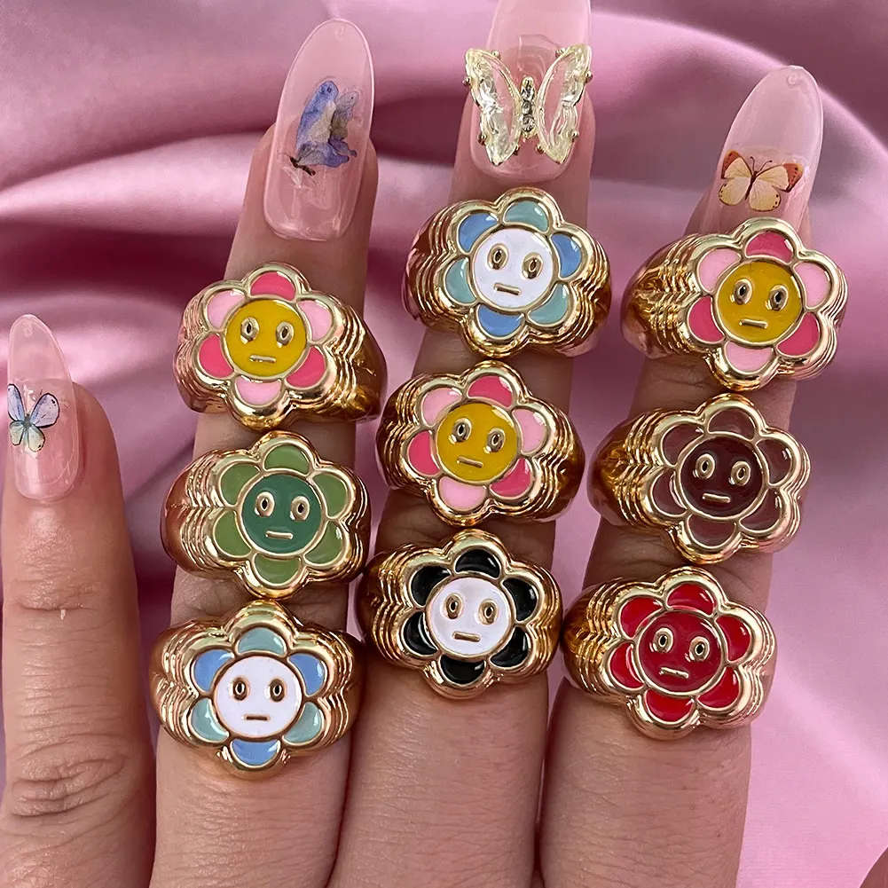 

Y2k Trendy Hot Sale Gold Plated Durable Korean Printed Cute Non Tarnish Finger Jewelry Wrinkle Flower Face Rings, Mixed color