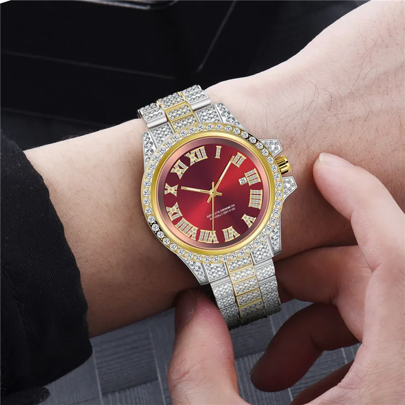 

Men Fashion Brass Gold Plated Multi Color Dial Crystal Rhinestone Wrist Watch Full Diamond Crystal Analog Watch For Rapper