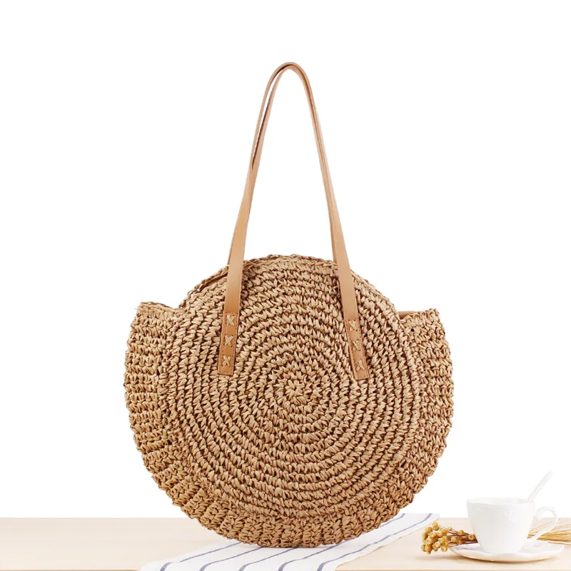 

2020 Pouches straw weave bag large capacity round colorful beach handbags for women, 6 colors availale