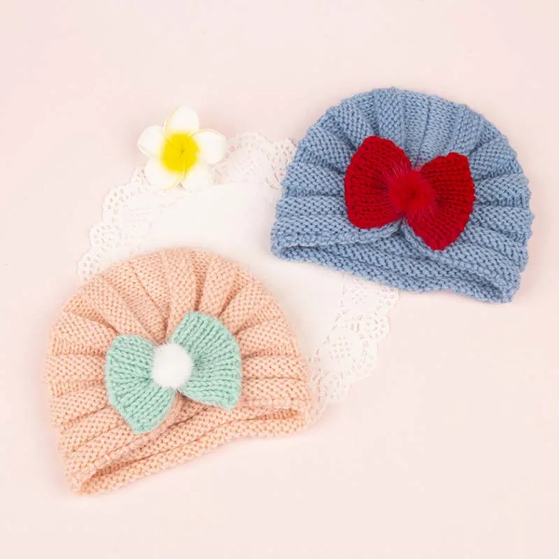 

100% Acrylic Newborn Toddler Winter Pullover Hat Sweet Baby Knitted Bonnet with Bow Head-care Beanie Hat for 0-3Y