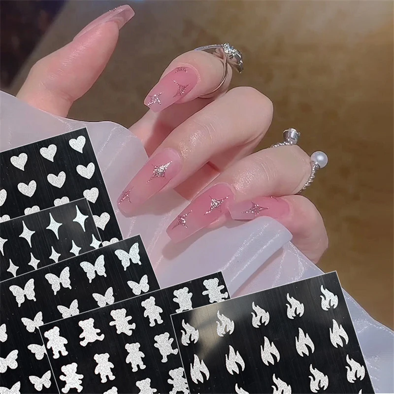 

Wholesale Holographic silver flash luxury star nail stickers sheets 5D DIY vinyl nail stickers french Butterfly little bear flam