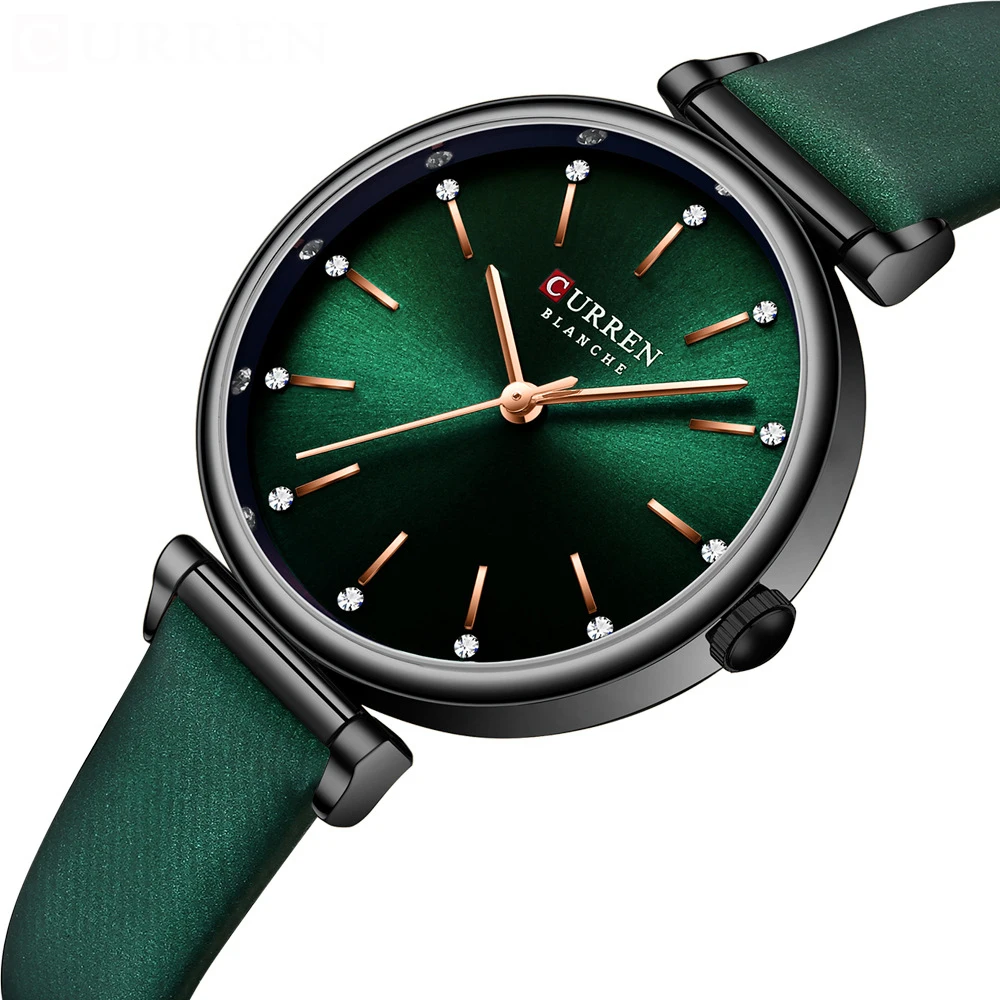 

2021 CURREN 9081 Brand Women Watches Fashion Rhinestones Dial Leather Bracelet Lady Wristwatch Retro Little Green Charming Watch, See the picture