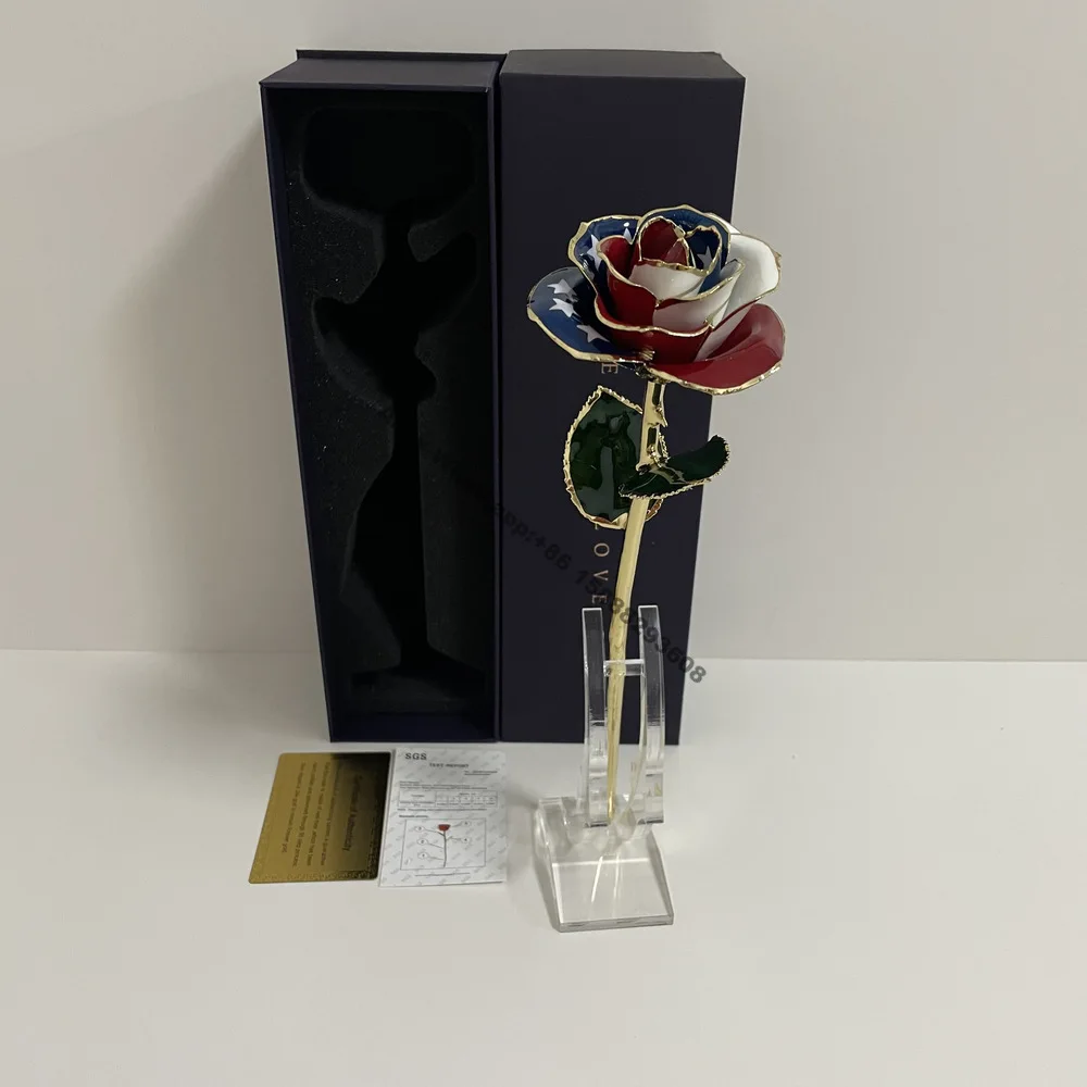 

New Three color tone Golden Flower Dipped in real gold US flag Preserved rose with stander and nice box for Valentines Gift