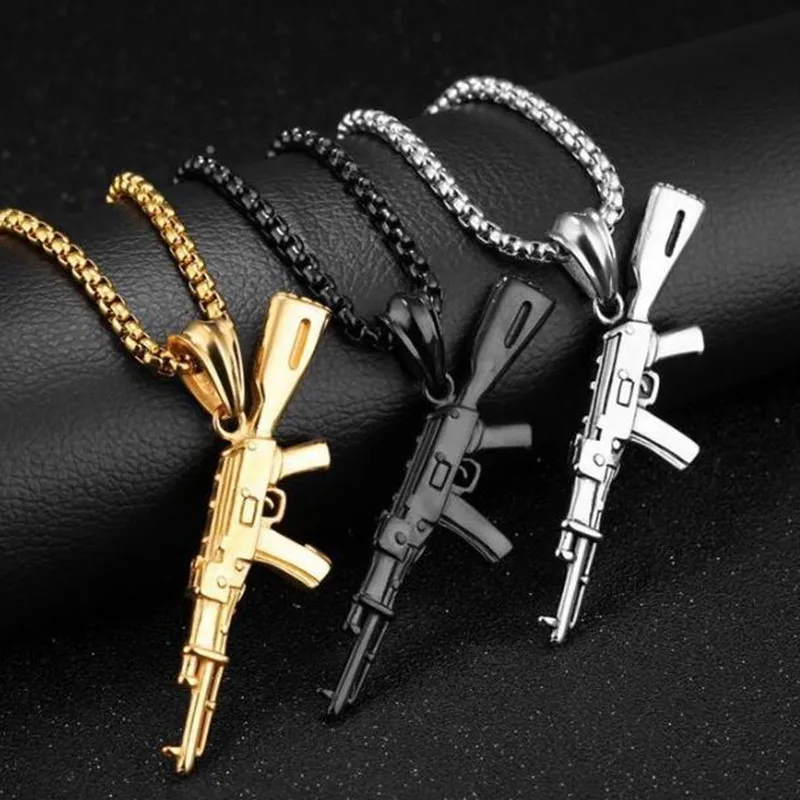 

Hiphop AK Submachine Small Gun Shape Gold Sliver Black Chain Personalized Pendant Necklace Jewelry for Unisex