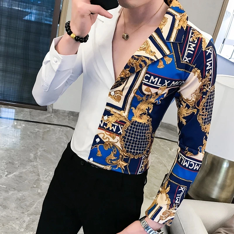 

Casual Shirt Men Slim Fit Print Luxury Black Gold Shirt Autumn Baroque Long Sleeve Patchwork Shirt For Party Club