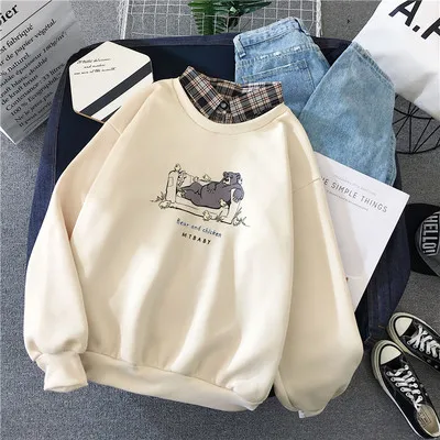 

2020 new plaid shirt collar bear harajuku streetwearwomen sweatshirt sweater women