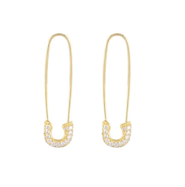 

Latest Luxury Gold plated simple women jewelry paperclip safety pin Hoop earring Paved shiny Zircon