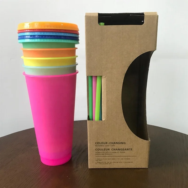 

5pcs 700ml Plastic Temperature Change Color Cups Colorful Cold Water Color Changing Coffee Mug Water Bottles With Straws Lid 23, Multi colors